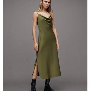 All Saints Satin Slip Midi Dress with Cowl Neck